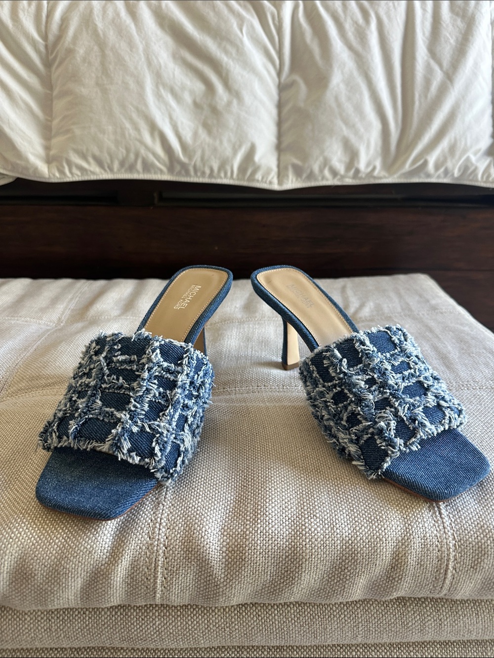 Michael Kors Denim Frayed Square-Toe Mules - Blue